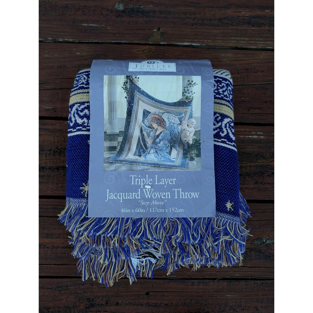 NWT Jubilee Jacquard Triple Layer Woven Throw Blanket Blue Angel Wing Harp 46x60
